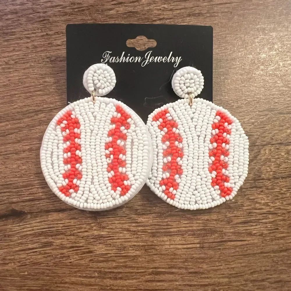 White and Red Beaded Baseball Earrings